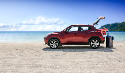 Fototapeta premium summer car on beach and landscape of sea 