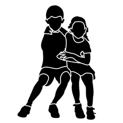 vector, isolated silhouette of children sitting