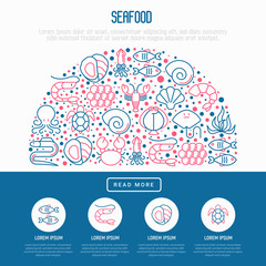 Seafood concept in half circle with thin line icons: lobster, fish, shrimp, octopus, oyster, eel, seaweed, crab, ramp, turtle. Modern vector illustration for restaurant menu.