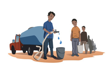 Water scarcity concept. African people stand in line for water. The water truck. Vector illustration, isolated on white background.