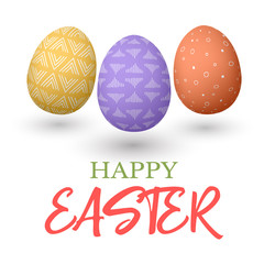 Happy Easter. Easter jumping red and yellow and purple doodle decorated eggs vector illustration.