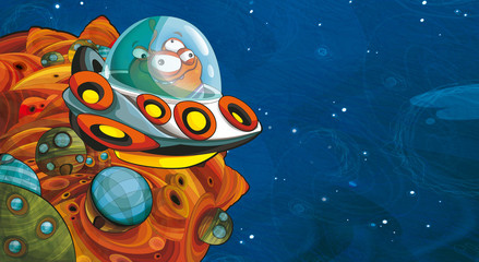 cartoon scene with some funny looking alien flying in ufo vehicle near some planet - white background - illustration for children
