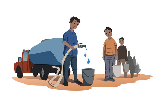 Water Scarcity Concept. African People Stand In Line For Water. The Water Truck. Vector Illustration, Isolated On White Background.