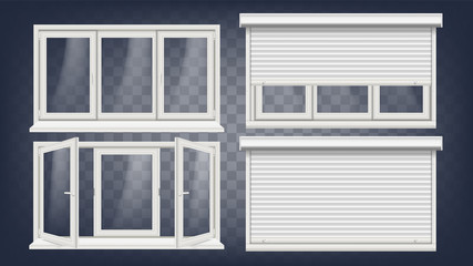 Plastic PVC Window Vector. Roller Blind. Opened And Closed. Front View. Home Window Design Element. Isolated On Transparent Background Realistic Illustration