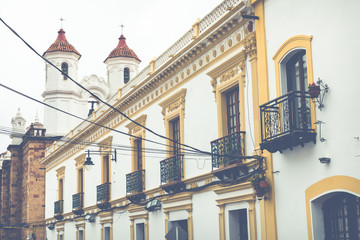 Sucre is the constitutional capital of Bolivia. Traditional colonial architecture, white houses.