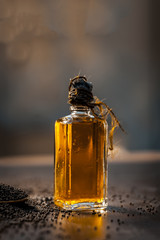 Close up of brown mustard seed,with its extracted oil on a brown wooden surface in dark Gothic...