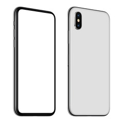 New white smartphone mockup front and back sides CCW rotated isolated on white background