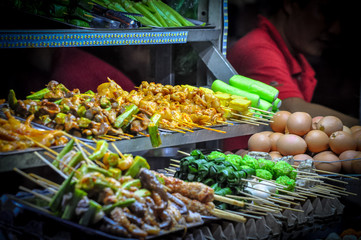 Varieties of barbecue for grill at night market street foods in Asia 