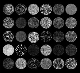 Hand drawn vector chalkboard round textures. Doodle circles with lines, dots and abstract shapes for graphic design.