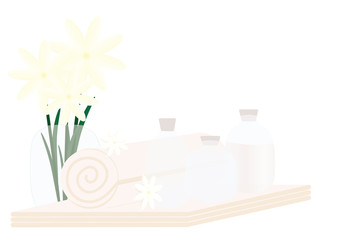 Towels, transparent bottles and yellow flowers - Spa background