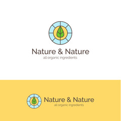 Natural cosmetics line style logo. Vector symbol with leaf
