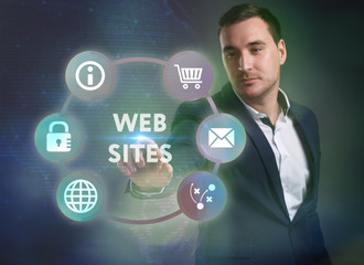 Business, Technology, Internet and network concept. Young businessman working on a virtual screen of the future and sees the inscription: Web sites