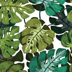 Seamless Vector Pattern of Summery Tropical leaves and leaves ideal for creating wallpapers, fabric patterns, clothing prints, labels, crafts and other projects