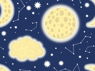Naklejka premium Night sky pattern kids. Moon, star, clouds.