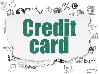 Money concept: Painted green text Credit Card on Torn Paper background with  Hand Drawn Finance Icons