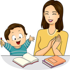 Girl Mom Kid Boy Books Praise Illustration