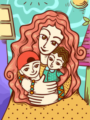 Girl Mothers Love Kids Illustration