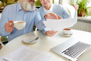 Negotiation of two mature employees with financial documents during tea break in cafe