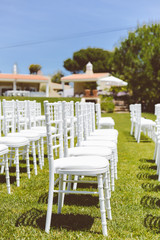 Outdoors arrangement for special day. Party, Wedding Ceremony space decorated lifestyle on the sunny day background