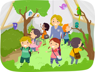 Stickman Kids Aviary Explore Illustration