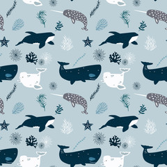 Vector seamless pattern with whales. Repeated texture with marine mammals.