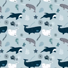 Wall murals Sea animals Vector seamless pattern with whales. Repeated texture with marine mammals.