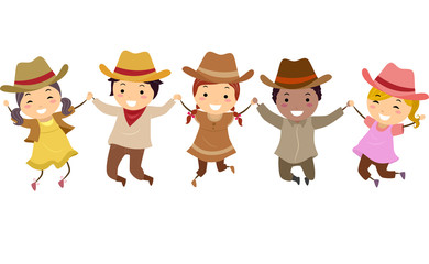 Stickman Kids Cowboys Jump Illustration