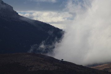 mountain, clouds