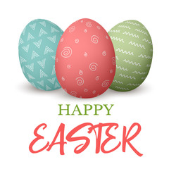 Happy Easter. Easter red and green and blue doodle decorated eggs. vector illustration.