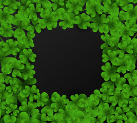 Saint Patrick s Day border with green four and tree leaf clovers on black background. Vector illustration. Party invitation design, typographic template. Lucky and success symbols.