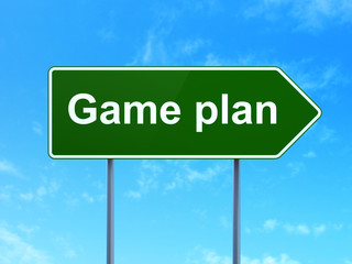 Finance concept: Game Plan on green road highway sign, clear blue sky background, 3D rendering