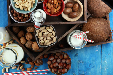Alternative types of milks. Vegan substitute dairy milk with nuts