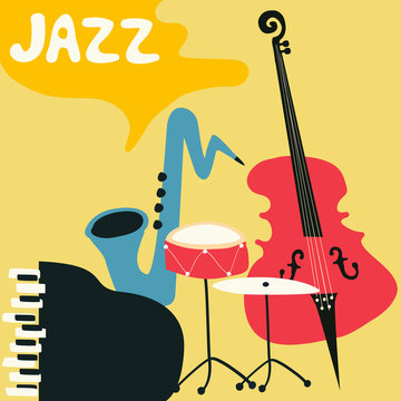 Jazz music festival poster with music instruments. Saxophone, piano, violoncello and cymbals flat vector illustration. Jazz concert