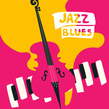 Jazz music festival poster with music instruments. Violoncello and piano keys flat vector illustration. Jazz concert