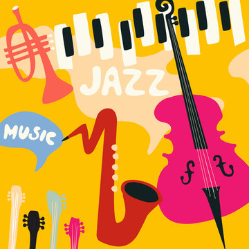 Jazz music festival poster with music instruments. Saxophone, piano, violoncello and trumpet flat vector illustration. Jazz concert