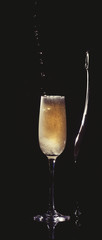 Silhouette champagne. Champagne pouring into glass on black background