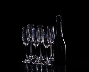 catering service. Silhouette of champagne glasess. Party. Champagne on black background