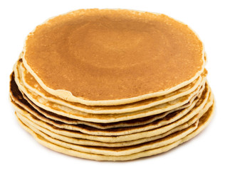 Stack of delicious pancakes on plate isolated on white