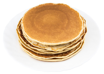 Stack of delicious pancakes on plate isolated on white
