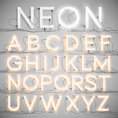 Realistic neon alphabet with wires (ON), vector.