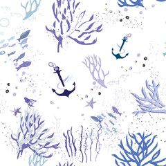 Sea life seamless graphic pattern, vector illustration