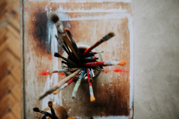 Artistic paint brushes. Top view.