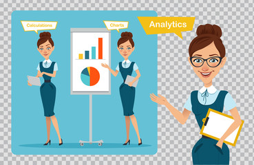 Business women characters.Girl is speaking and pointing.Girl is showing profit growth graph, girl is calculating finance
