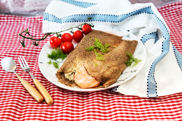 Homemade french buckwheat galette with salmon