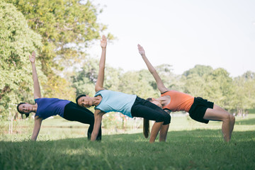 Group of women doing yoga exercises in the park. Concept of healthy lifestyle.