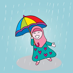 Muslim girl cartoon walk in the rain