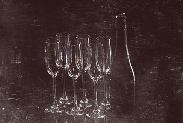 catering service. Silhouette of champagne glasess. Party. Champagne on black background