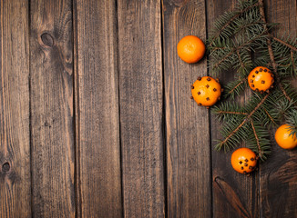 Christmas New Year composition with tangerines and pine cones