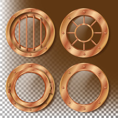 Brass Porthole Vector. Round Metal Window With Rivets. Bathyscaphe Ship Frame Design Element. For Laboratory, Aircraft, Submarines. Isolated On Transparent Background Realistic Illustration