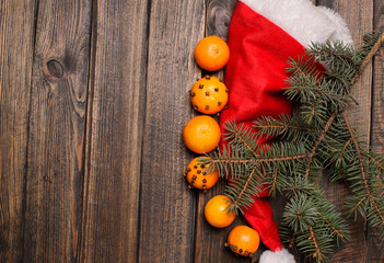 Christmas New Year composition with tangerines and pine cones